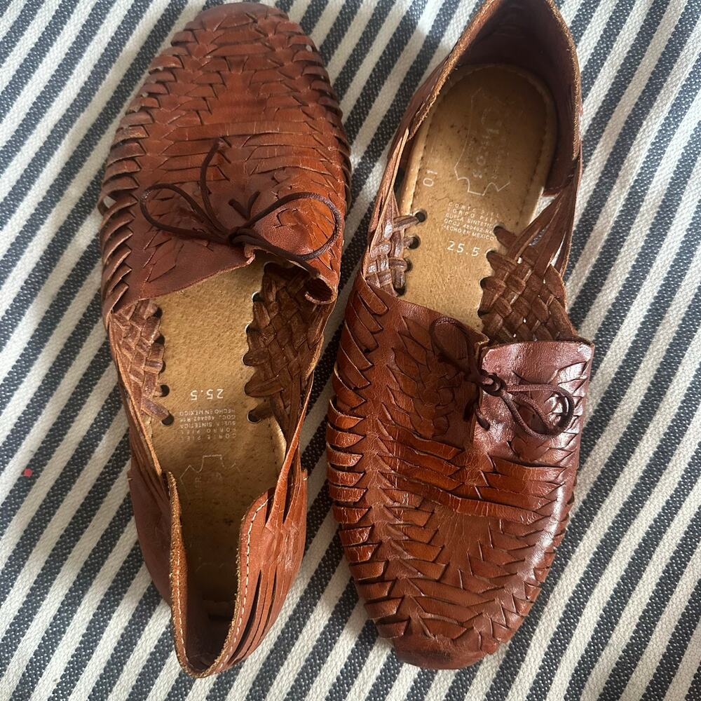 Chico’s Leather Huarache Flats Brown Woven Lace-Up Size 8.5